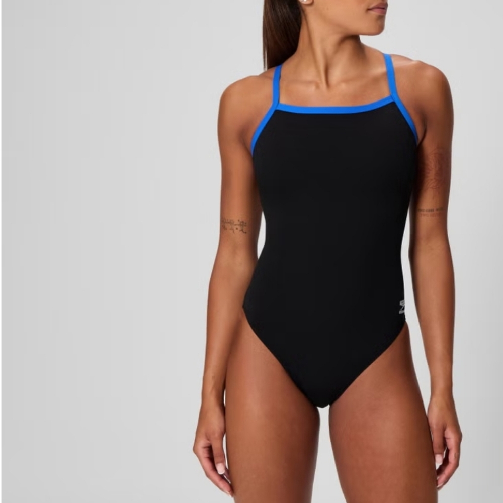 Speedo Endurance Women's Black One Piece with Blue Trim